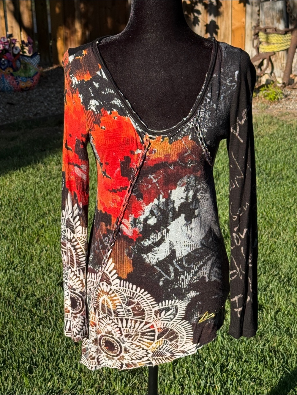 Desigual Black, Red & White Abstract Floral Long Sleeve Top (L)
